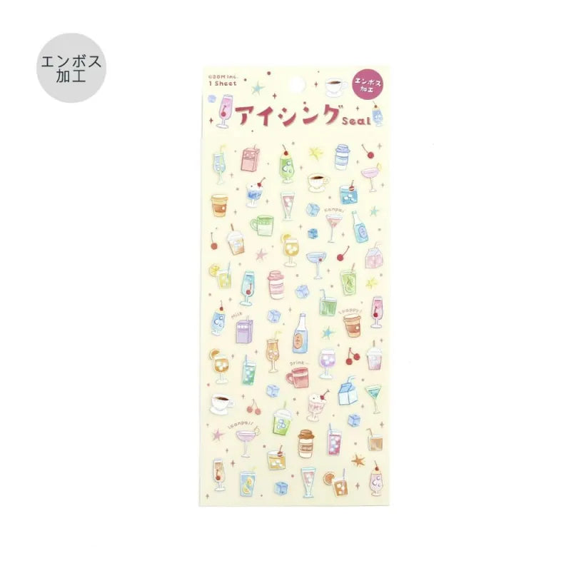BGM Seat Seal – Fluffy Drinks with a single PET sticker sheet featuring cute illustrations of pastel whipped beverages, cream sodas, and bubbly drinks in soft colors.