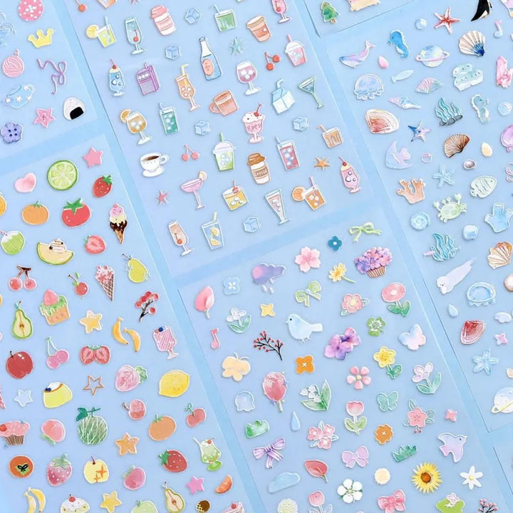 BGM Seat Seal – Fluffy Drinks with a single PET sticker sheet featuring cute illustrations of pastel whipped beverages, cream sodas, and bubbly drinks in soft colors.