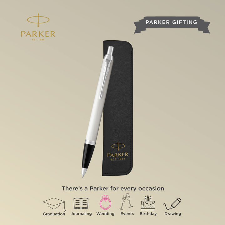 Parker IM Ballpoint Pen Gift Set in White Chrome Trim with Pen Sleeve — Parker ballpoint pen — reliable smooth-writing everyday pen, at Cityluxe Singapore
