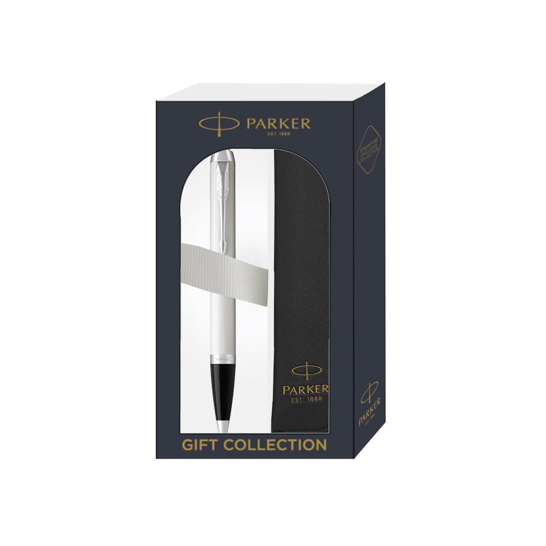 Parker IM Ballpoint Pen Gift Set in White Chrome Trim with Pen Sleeve — Parker ballpoint pen — reliable smooth-writing everyday pen, at Cityluxe Singapore