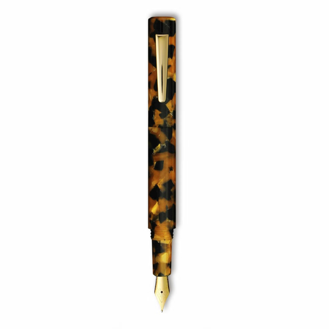 Hightide Attaché Marbled Fountain Pen - Brown — uncapped with cap posted
