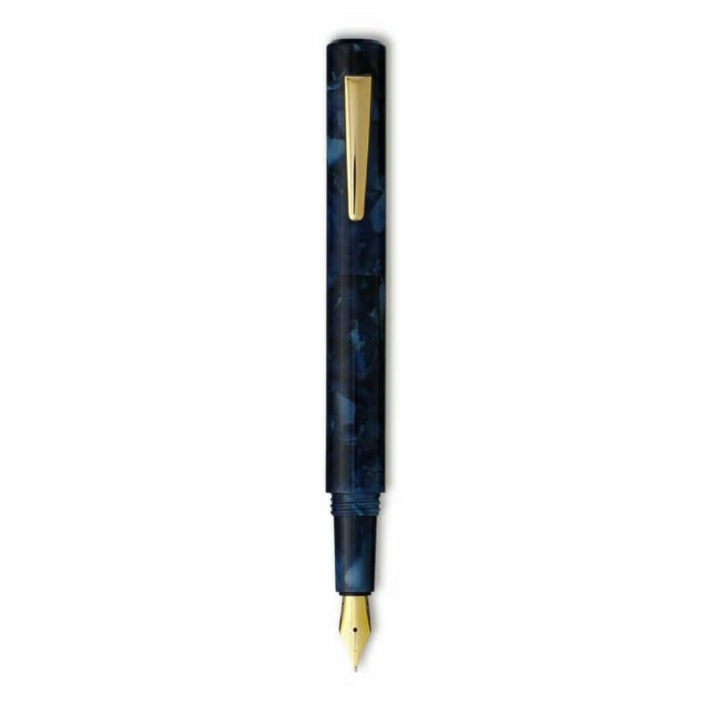 Hightide Attaché Marbled Fountain Pen - Navy — uncapped with cap posted