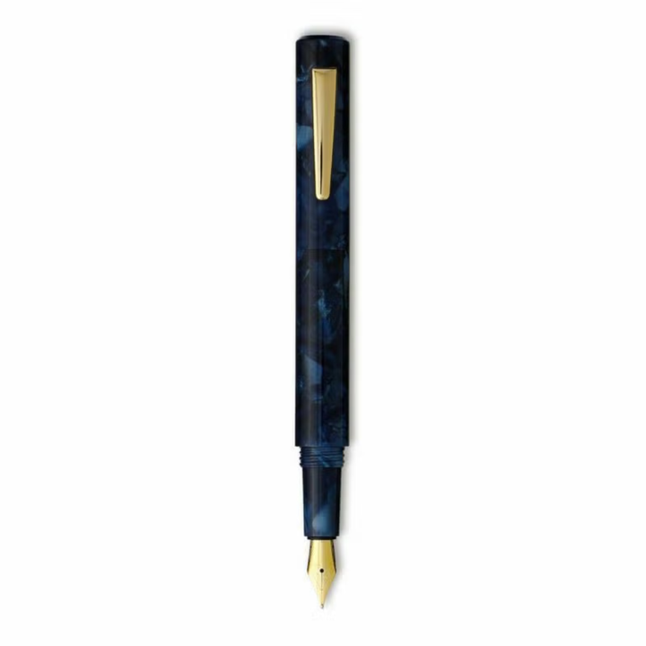 Hightide Attaché Marbled Fountain Pen - Navy — uncapped with cap posted