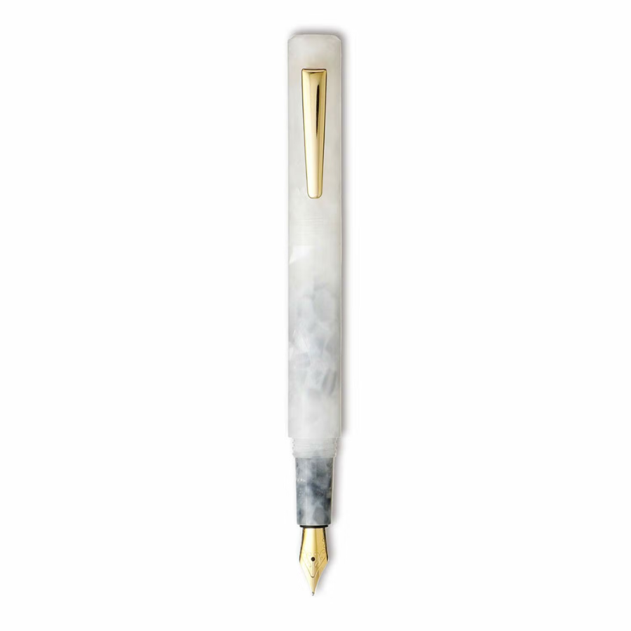 Hightide Attaché Marbled Fountain Pen - White — uncapped with cap posted