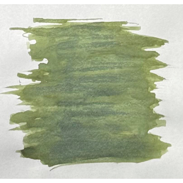 Kyoto Ink Kyo-no-oto Uguisu Iro 40ml bottled ink – muted earthy green fountain pen ink inspired by the Japanese bush warbler, bottle and box on white background.