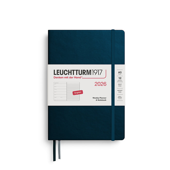 Leuchtturm1917 A5 Medium Hardcover Weekly Planner &amp; Notebook 2026 in deep sea, featuring a sleek, minimalist design with an elastic closure band.