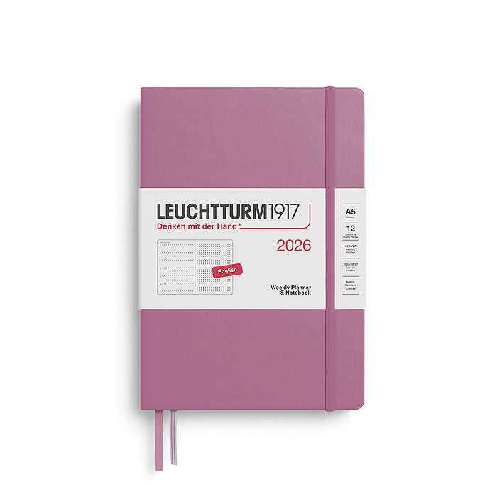 Leuchtturm1917 A5 Medium Hardcover Weekly Planner &amp; Notebook 2026 in dusty rose, featuring a minimalist cover design with an elastic closure band. Includes dotted note pages for flexible planning.