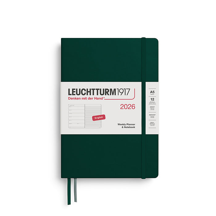 Leuchtturm1917 A5 Medium Hardcover Weekly Planner &amp; Notebook 2026 in forest green, featuring a sleek, minimalist design with an elastic closure band.