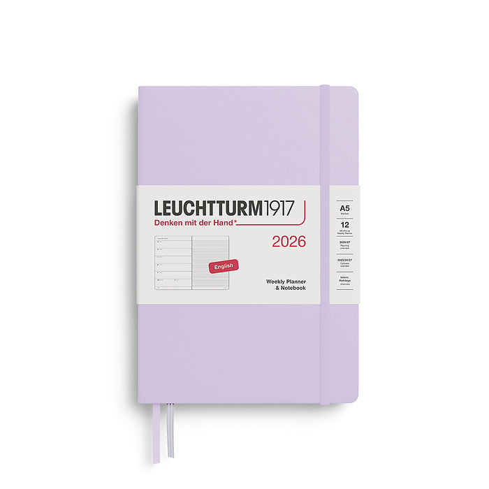 Leuchtturm1917 A5 Medium Hardcover Weekly Planner &amp; Notebook 2026 in lilac, featuring a sleek, minimalist design with an elastic closure band.
