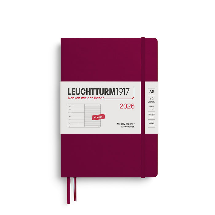 Leuchtturm1917 A5 Medium Hardcover Weekly Planner &amp; Notebook 2026 in port red, featuring a sleek, minimalist design with an elastic closure band.