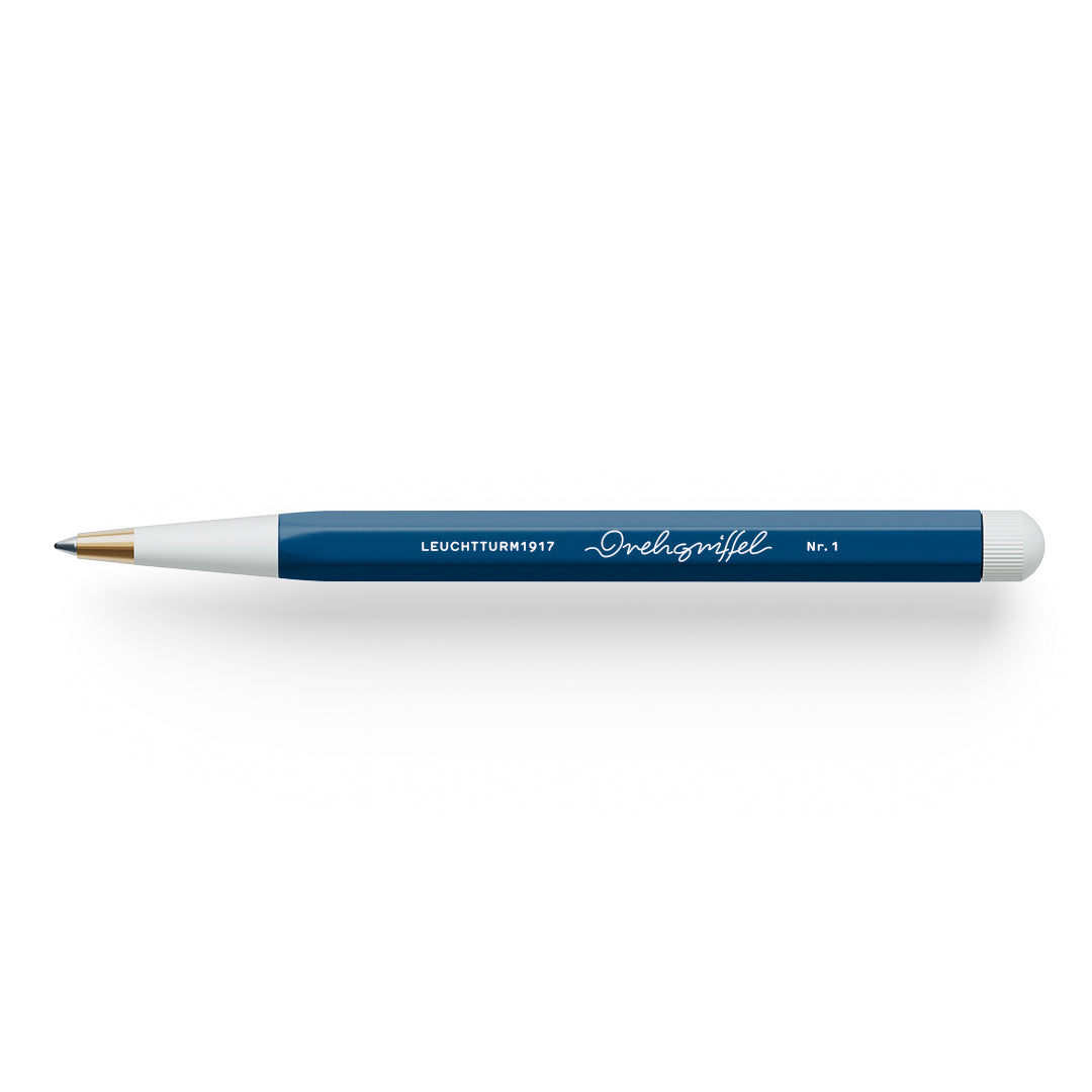 Leuchtturm1917 Drehgriffel Nr. 1 Gel Pen in Indigo blue, aluminum and brass pen with twist top and smooth black gel ink.