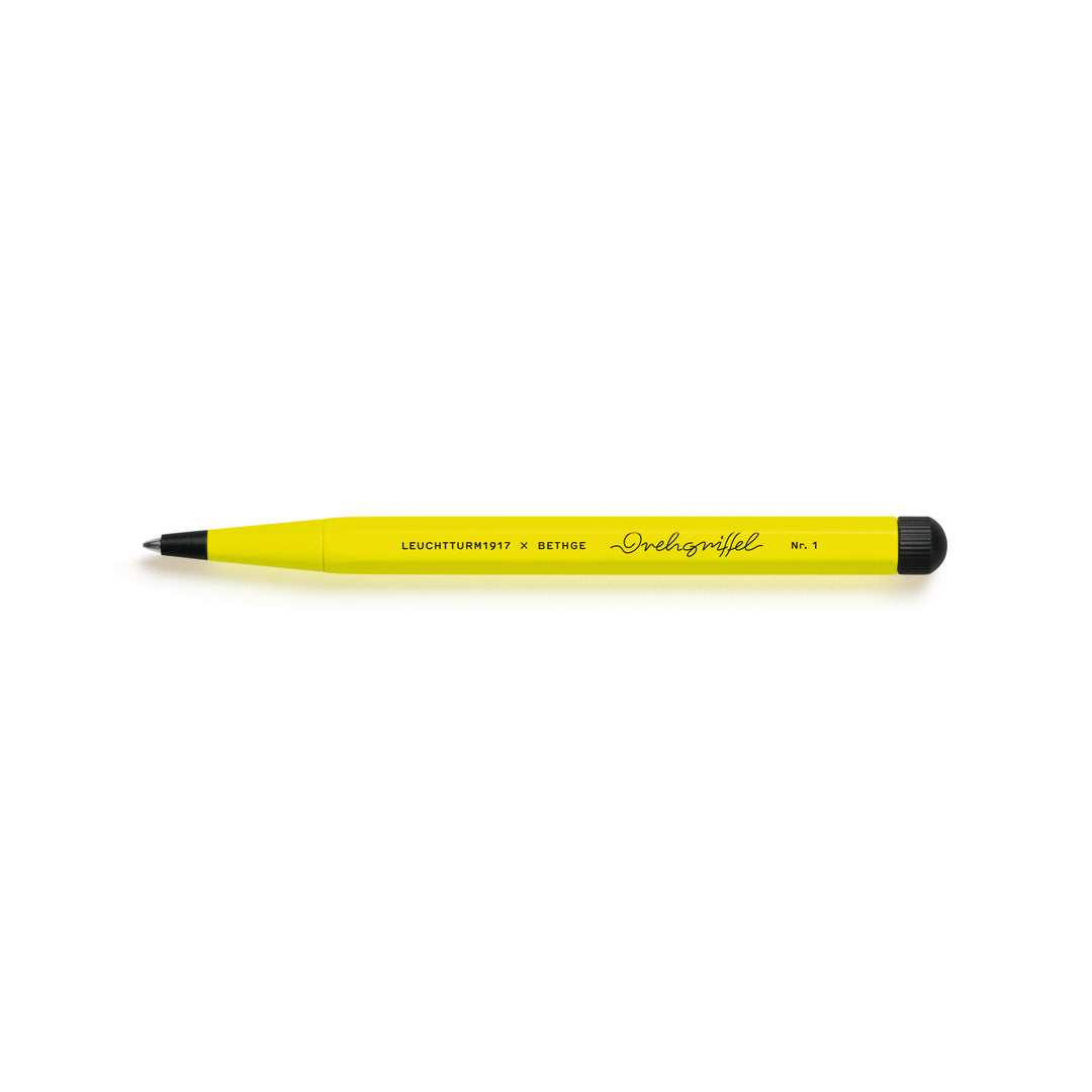 Leuchtturm1917 × Bethge Drehgriffel Nr. 1 Luminous Edition Ballpoint Pen in neon yellow with black accents.