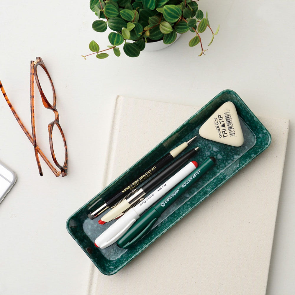 Hightide Marbled Melamine Pen Tray - Dark Green — side view