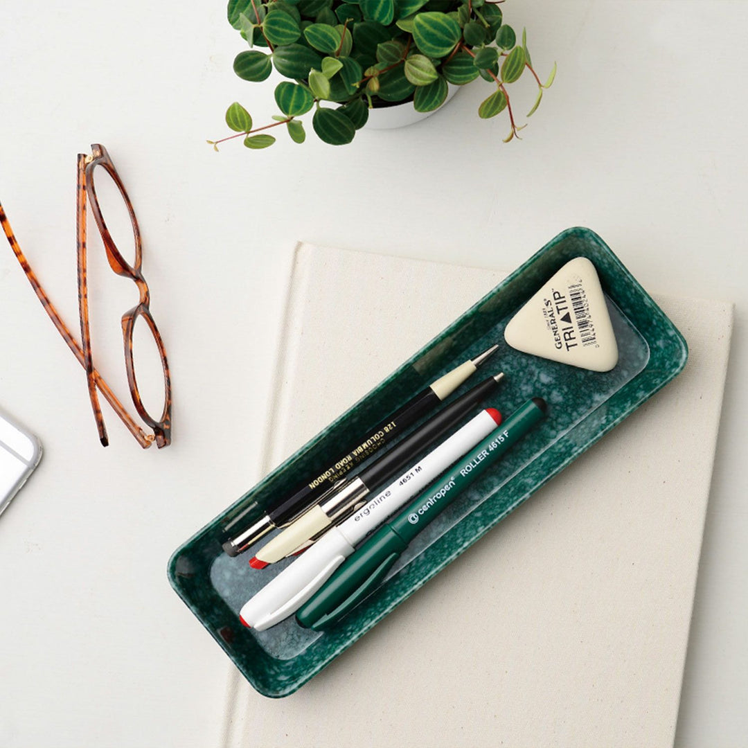 Hightide Marbled Melamine Pen Tray - Dark Green — side view