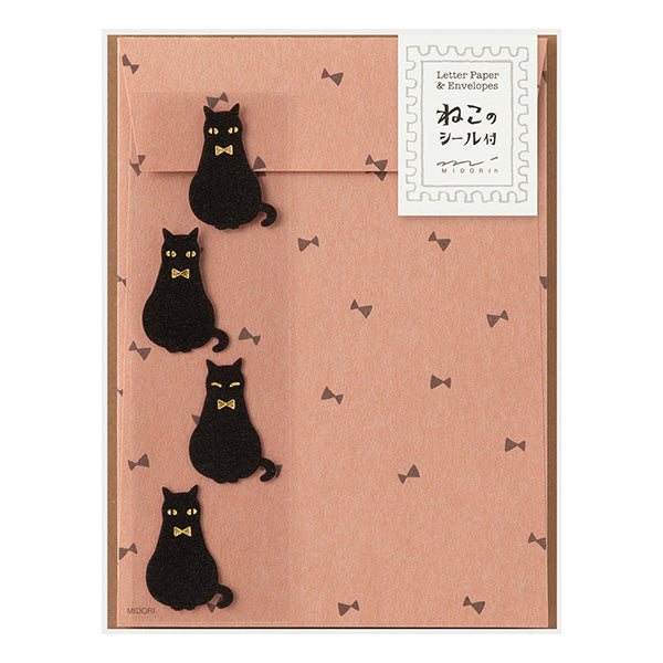 Midori Letter Paper & Envelopes with Stickers 947 Black Cat A — front view