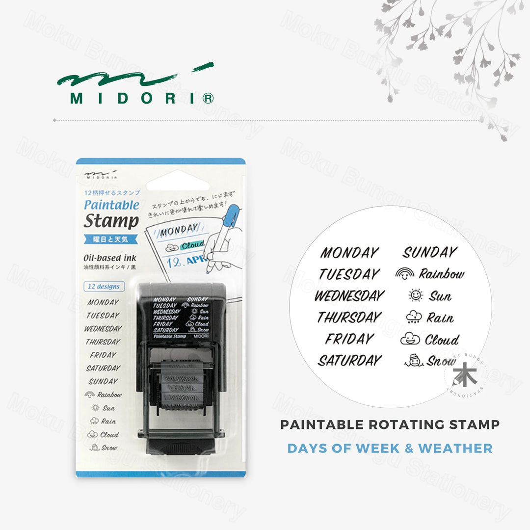 Midori Paintable Rotating Stamp Dial – Days of the Week & Weather with rotating dial, day labels and weather icons, compact design, and built-in black ink pad for planners and journals.