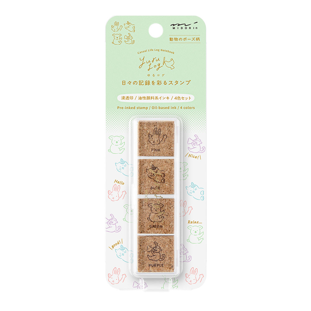 Midori Yuru Log Pre-inked Stamp - Animal Poses — front view