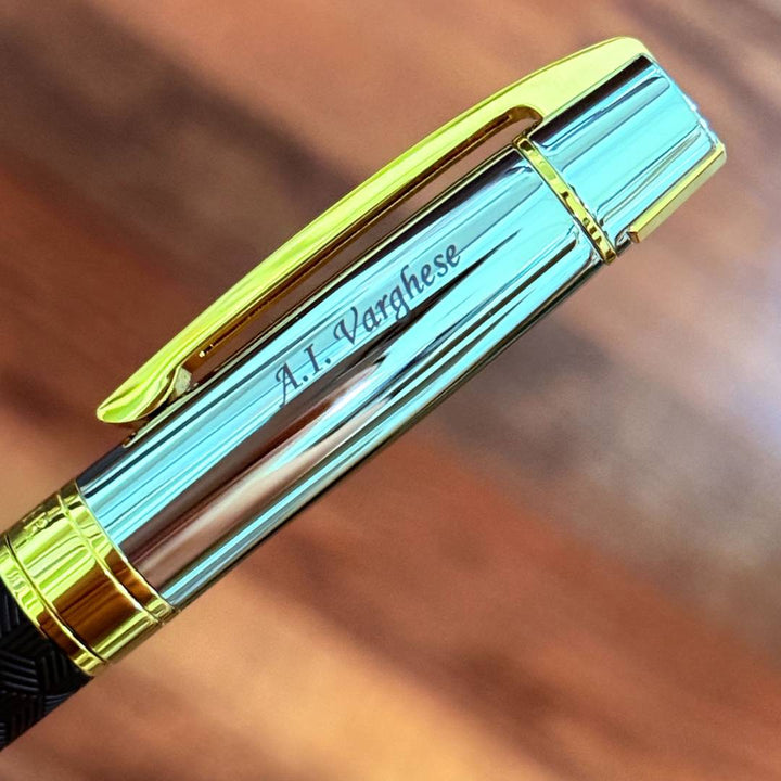 Personalized Name Engraving On Sheaffer 300 9347 Ballpoint Pen - Engraved Black with Chrome Cap and Gold Trims