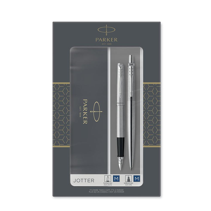 Parker Jotter Duo SS Chrome Trim Fountain Pen + Ballpoint Pen Set — front view