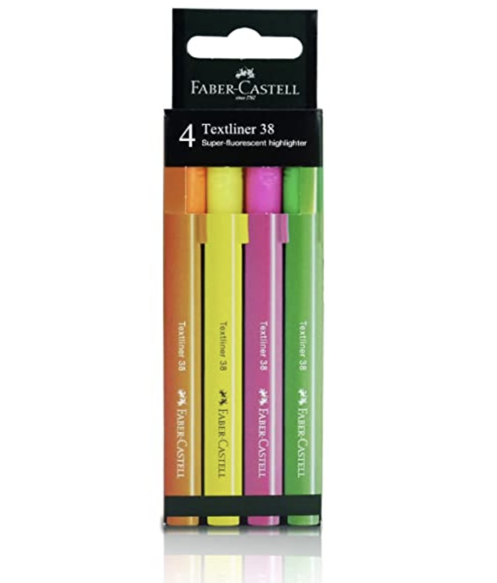 Faber-Castell Highlighter Textliner 38 Superflourescent Assorted Colour 4x HS Box — side view