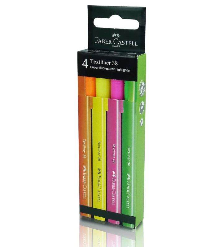 Faber-Castell Highlighter Textliner 38 Superflourescent Assorted Colour 4x HS Box — front view