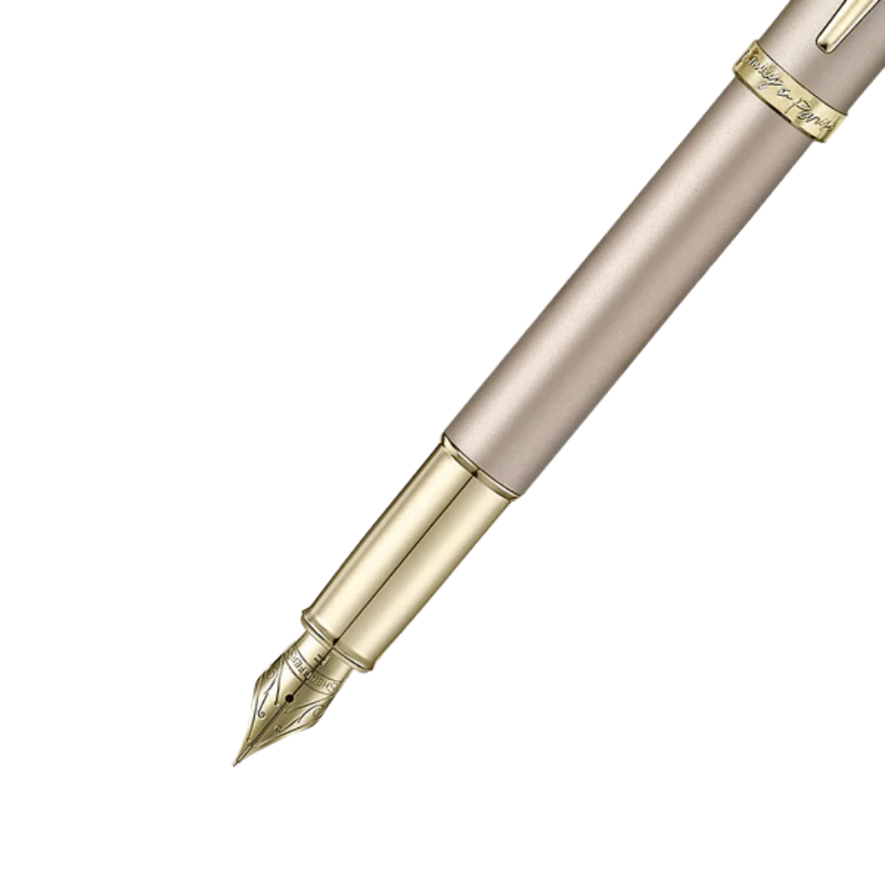 Sheaffer Emily in Paris 100 E9377 Champagne Gold Finish Body and Trims with Bow Emblem Fountain Pen - Fine — uncapped with…