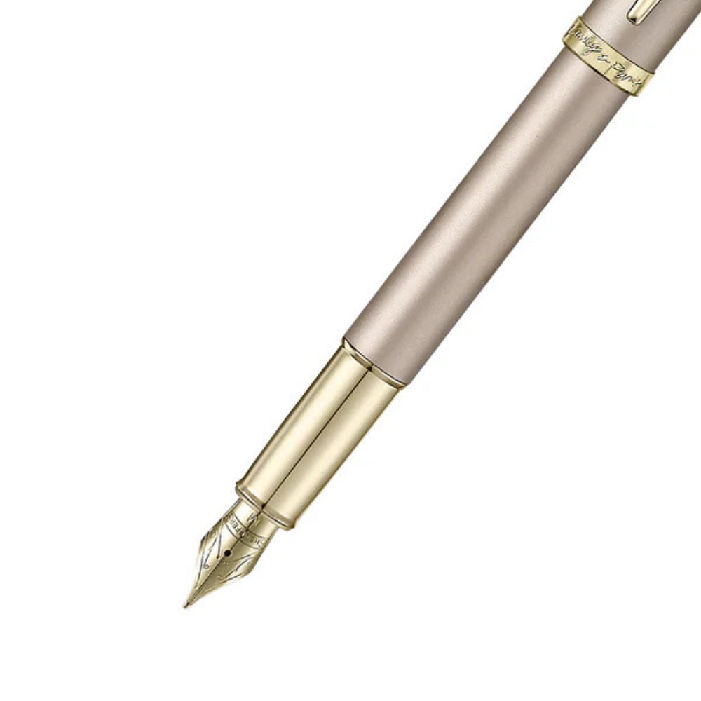 Sheaffer Emily in Paris 100 E9377 Champagne Gold Finish Body and Trims with Bow Emblem Fountain Pen - Medium — uncapped wi…