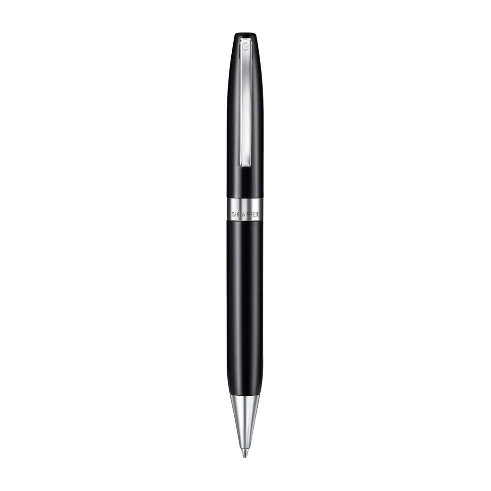 Sheaffer Legacy 9064 Glossy Black Ballpoint Pen with Chrome-Plated Trims — uncapped with cap posted