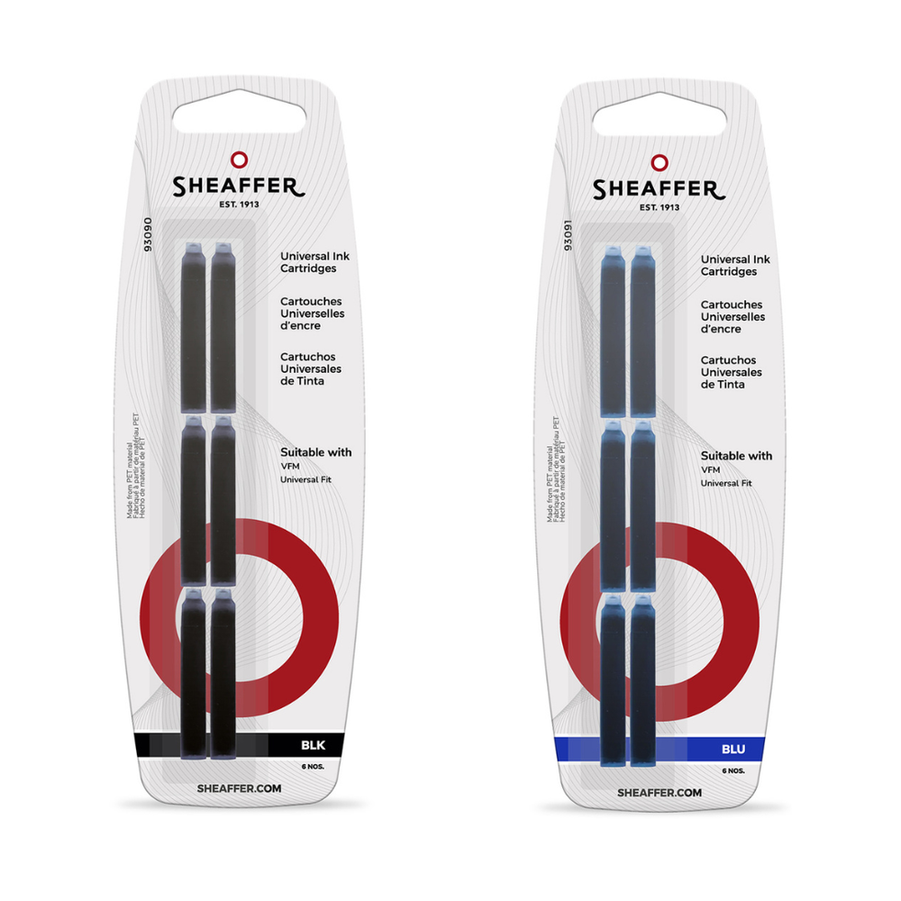 Sheaffer VFM Universal Ink Cartridges Blister Card - Blue — bottle at angle