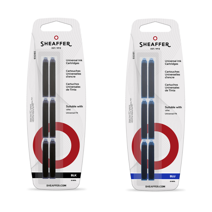 Sheaffer VFM Universal Ink Cartridges Blister Card - Blue — bottle at angle