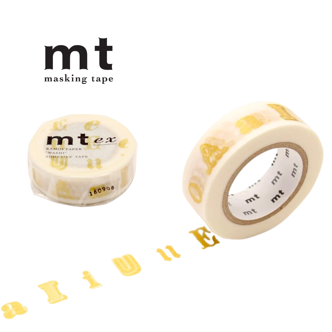 MT EX Washi Tape in Vowel Gold — MT Tape washi tape — decorative Japanese paper tape for journaling and craft, at Cityluxe Singapore
