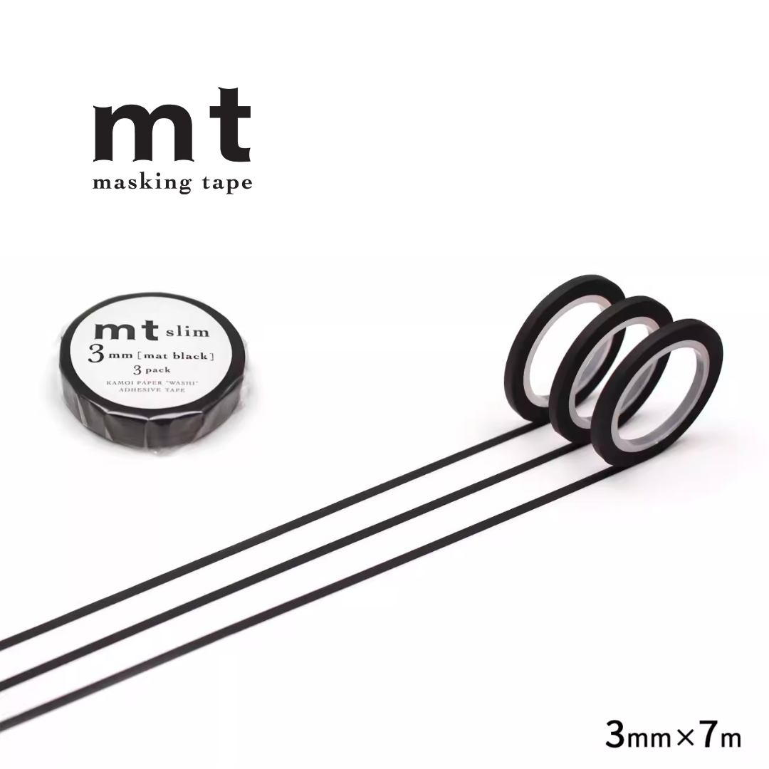 MT Slim 3mm Washi Tape Set in Matte Black (7m) — MT Tape washi tape — decorative Japanese paper tape for journaling and craft, at Cityluxe Singapore
