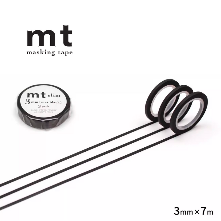 MT Slim 3mm Washi Tape Set in Matte Black (7m) — MT Tape washi tape — decorative Japanese paper tape for journaling and craft, at Cityluxe Singapore