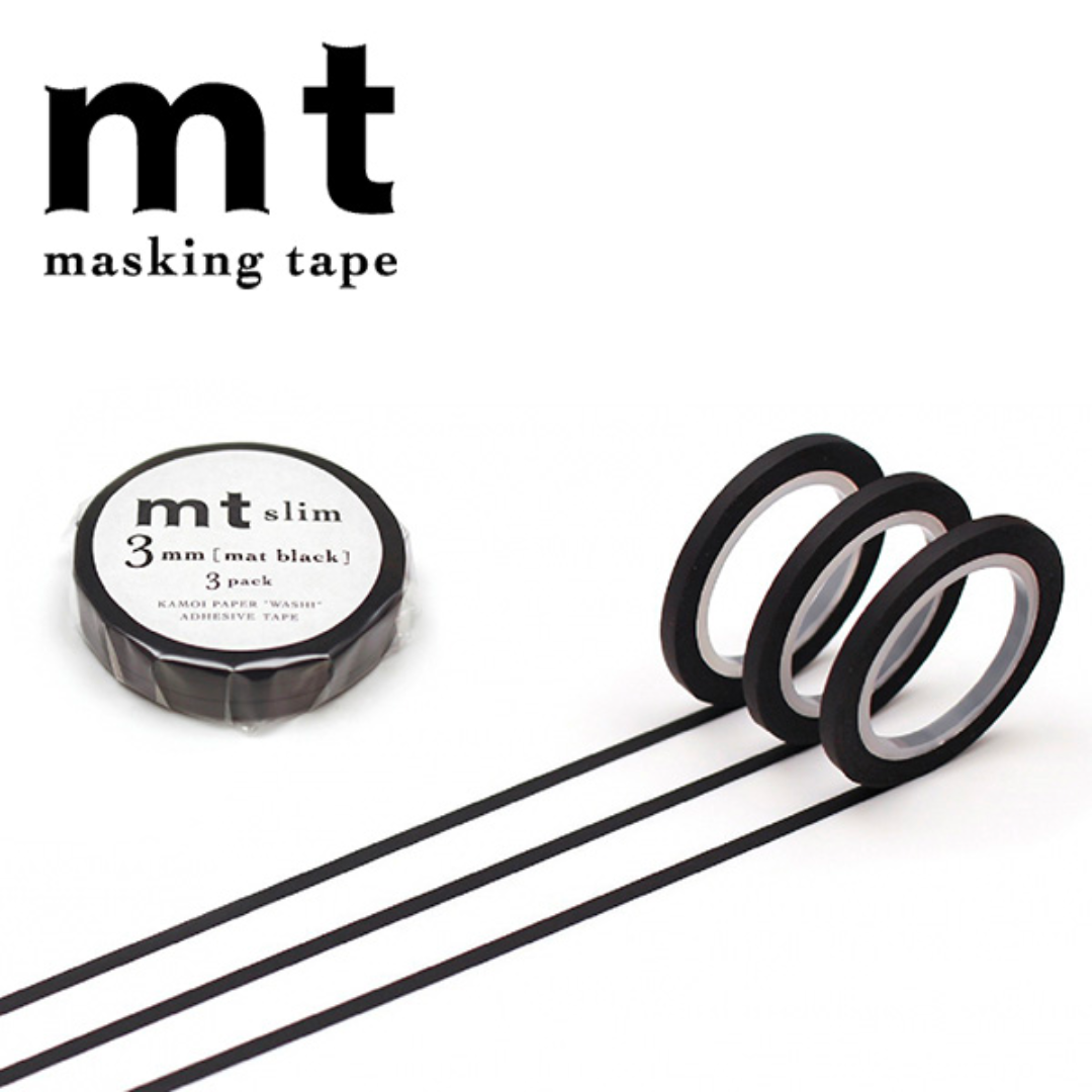 MT Slim 3mm Washi Tape Set in Matte Black (7m) — MT Tape washi tape — decorative Japanese paper tape for journaling and craft, at Cityluxe Singapore