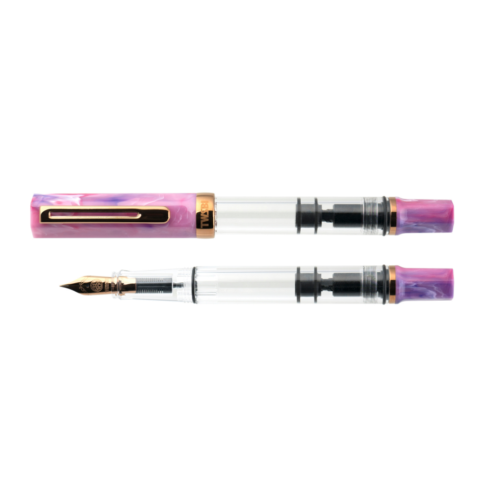 TWSBI ECO Fluorite Purple with Bronze Fountain Pen — uncapped with cap posted
