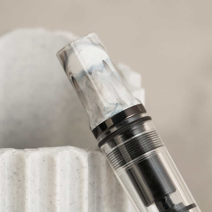 TWSBI ECO Fountain Pen Carrara with Onyx Trim – clear demonstrator barrel, marbled white cap, black stainless steel nib