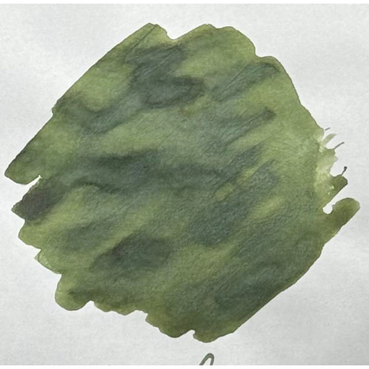 Kyoto Ink Kyo-no-oto Uguisu Iro 40ml bottled ink – muted earthy green fountain pen ink inspired by the Japanese bush warbler, bottle and box on white background.
