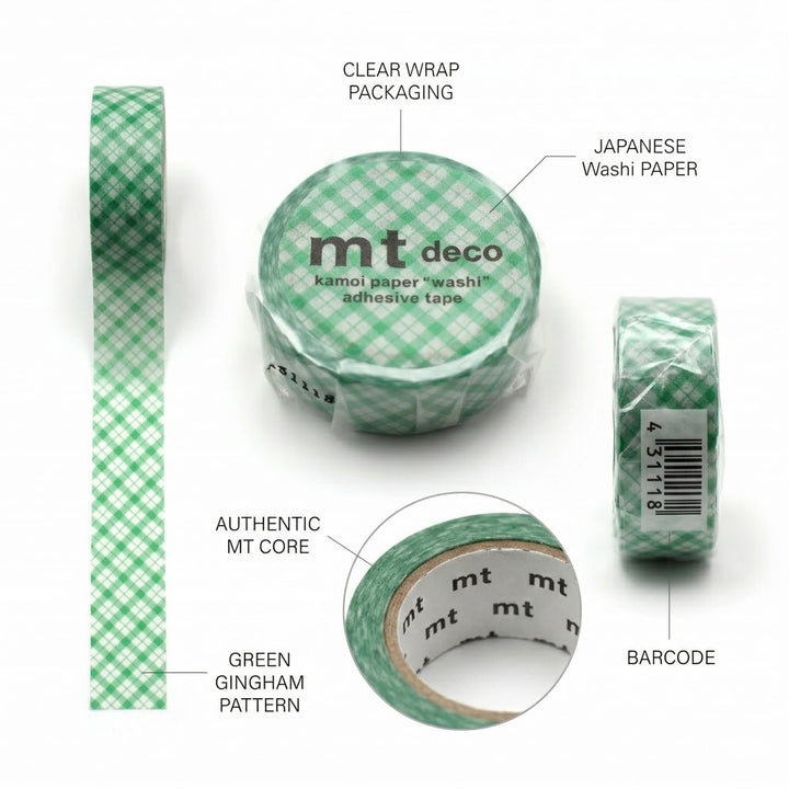 MT 1P Kamoi Washi Tape - Overlapped Wide Gingham Green — applied on surface