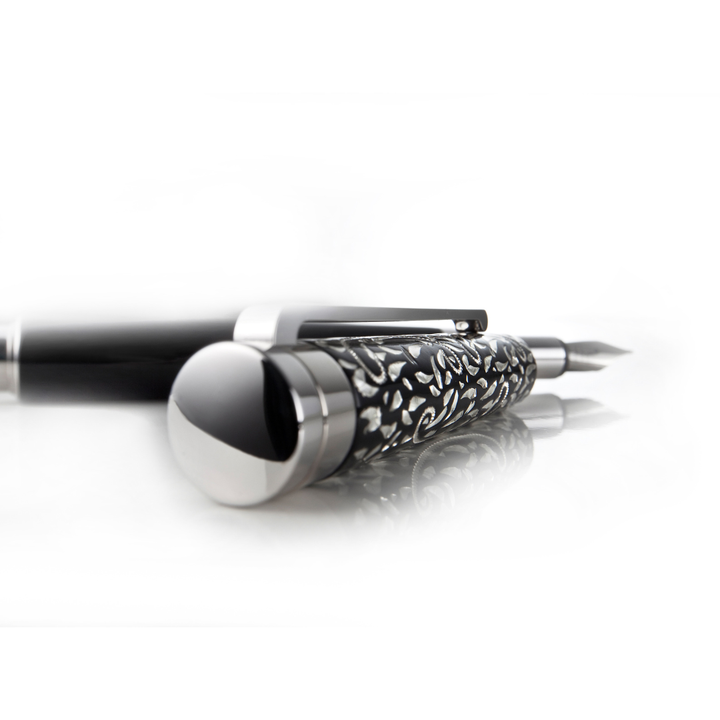 Waldmann Xetra Vienna Fountain Pen - Black Medium Steel Nib — uncapped with cap posted