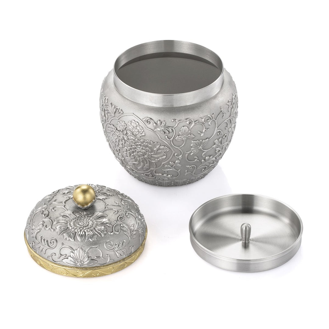 Royal Selangor Peony Tea Caddy — in use
