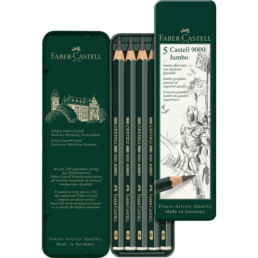 Faber-Castell Castell 9000 Graphite Pencil Tin of 5 - HB,2B,4B,6B,8B — lead extended