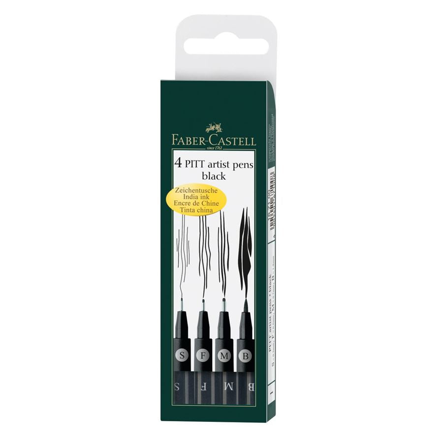 Faber-Castell PITT Artist Pen Set of 4 (S,F,M,B) Black — front view