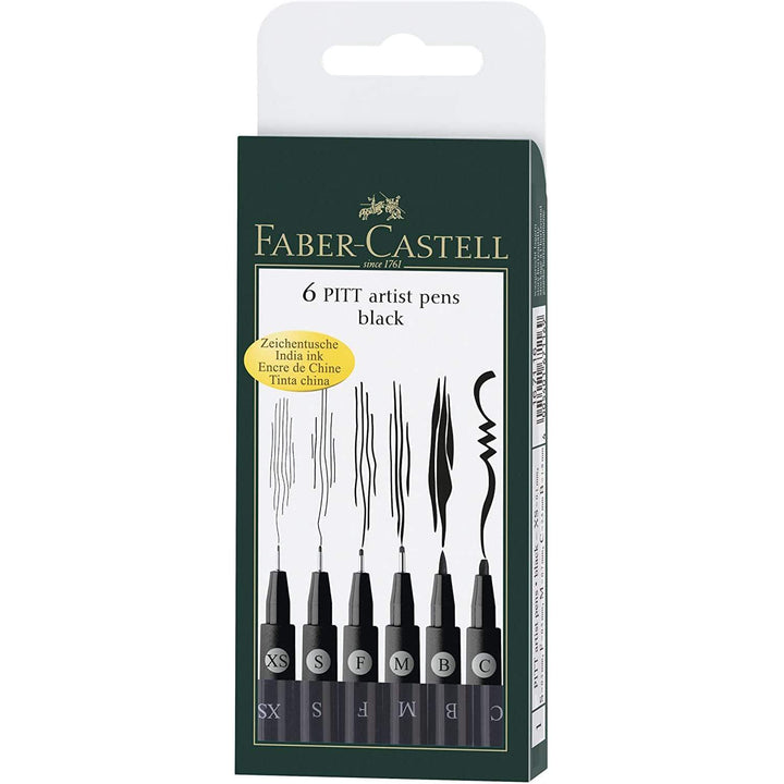 Faber-Castell PITT Artist Pen Set of 6 (XS,S,F,M,B,C) Black — front view