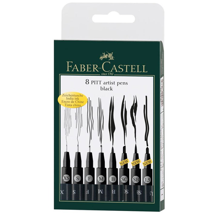 Faber-Castell PITT Artist Pen Set of 8 (XS,S,F,M,B,SC,SB,1.5) Black — front view