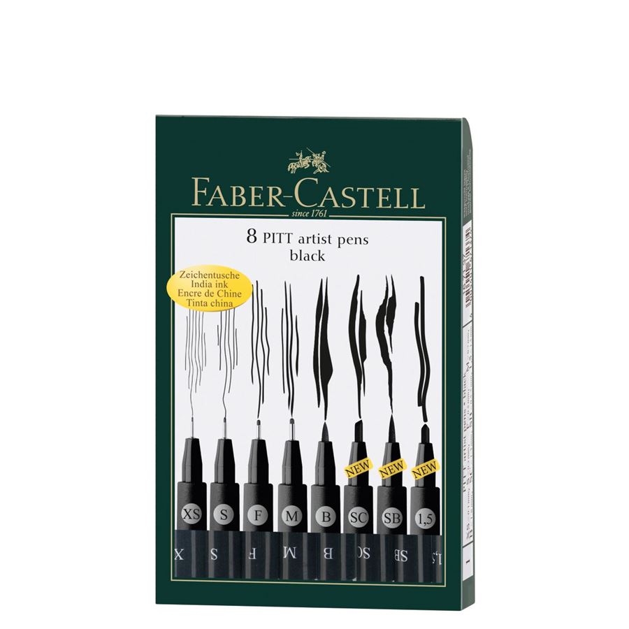 Faber-Castell PITT Artist Pen Set of 8 (XS,S,F,M,B,SC,SB,1.5) Black — side view