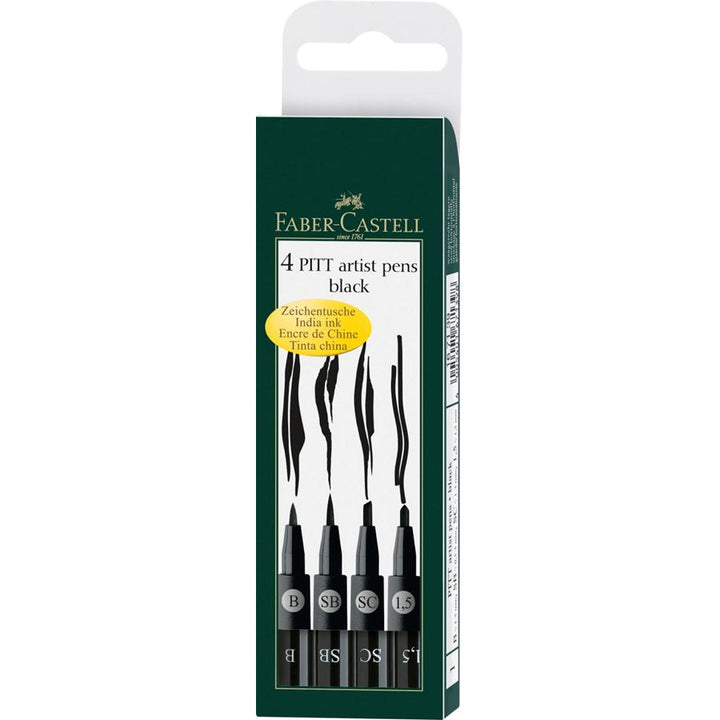 Faber-Castell PITT Artist Pen Set of 4 (B,SB,SC,1.5mm) Black — front view
