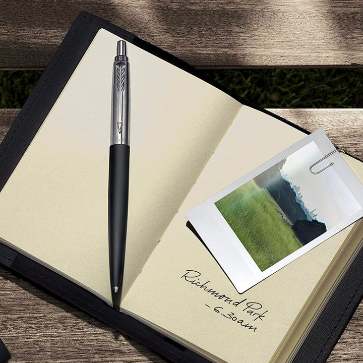 Parker Jotter XL Richmond Matte Black Ballpoint Pen — flat lay