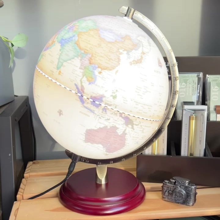 Luxo Painting Globe, Wooden Base, Led Light - 30cm