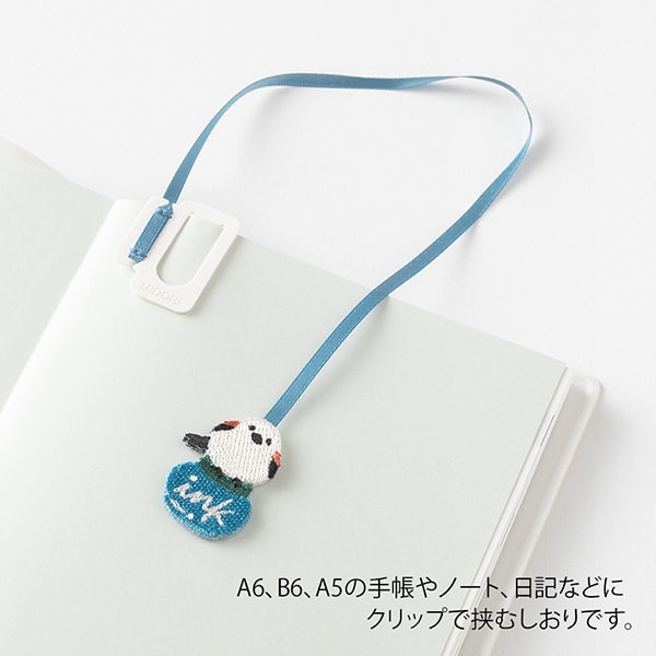 Midori Embroidery Bookmarker Long-tailed Tit — in use