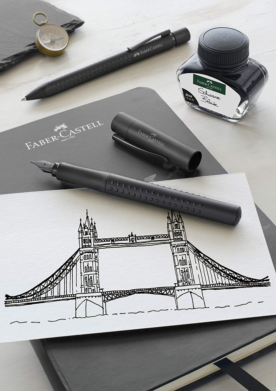 Faber-Castell Grip Edition Fountain Pen &amp; Ballpoint Pen Set All Black [Pre-Order] — angle view